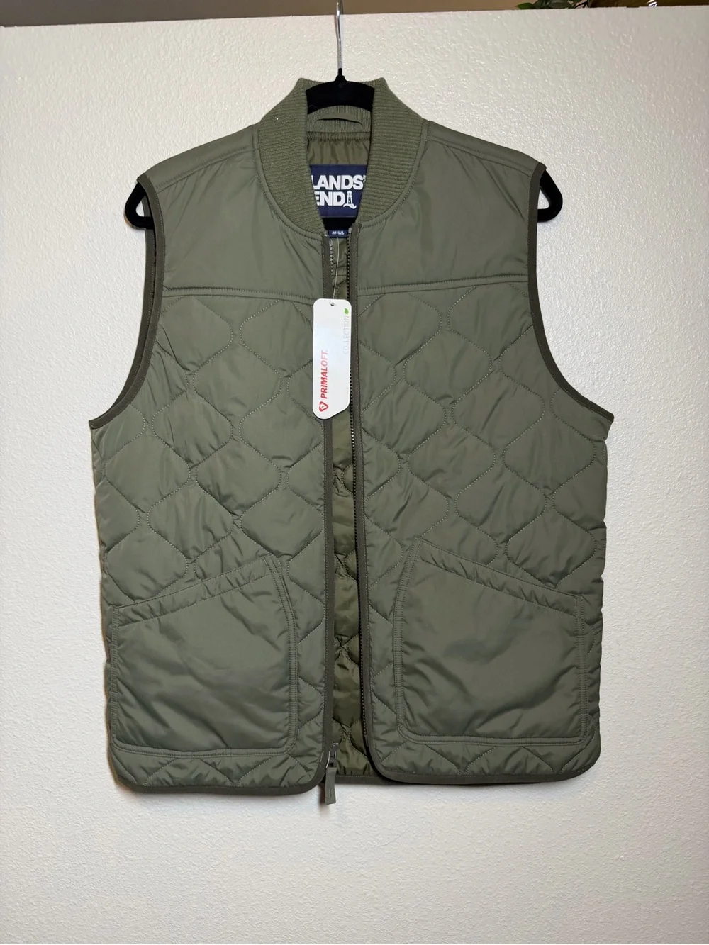 Quilted Olive Green Men's Vest Land’s End utility Sz small 34-36 primaloft zip